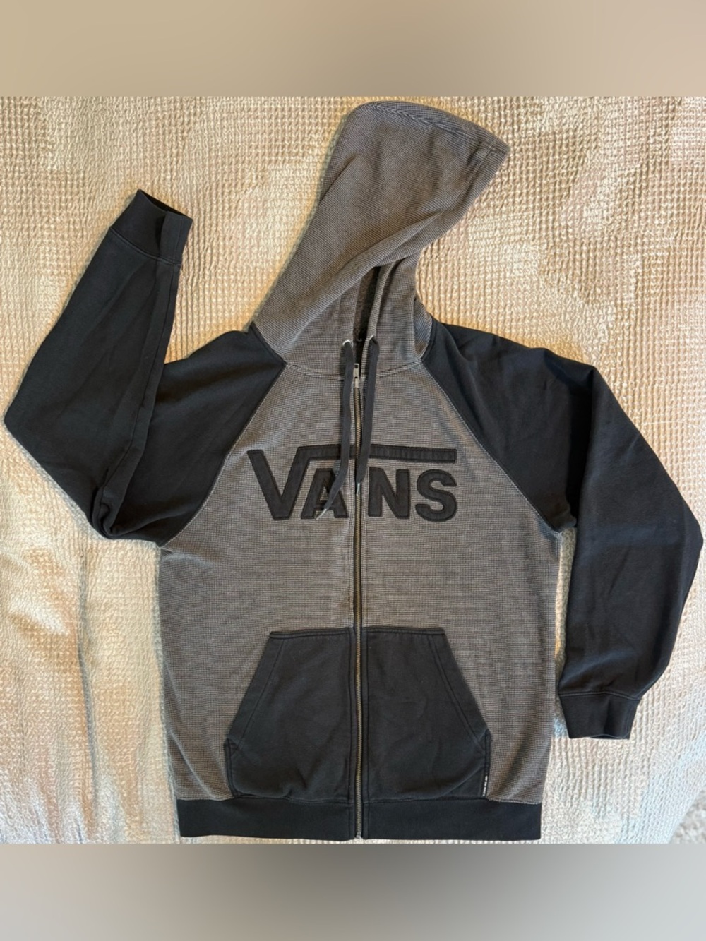 Vans Full Zip Hoodie Mens L Gray Black Logo Waffle Thermal Streetwear 🛹 - Picture 6 of 16